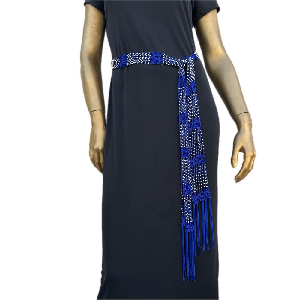 Blue Crochet & silver metallic plastic Beaded wrap tie Belt/scarf